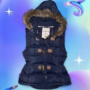 vtg y2k tokyo laundry fur hood puffer vest with toggles, sz md, RUNS SMALL
